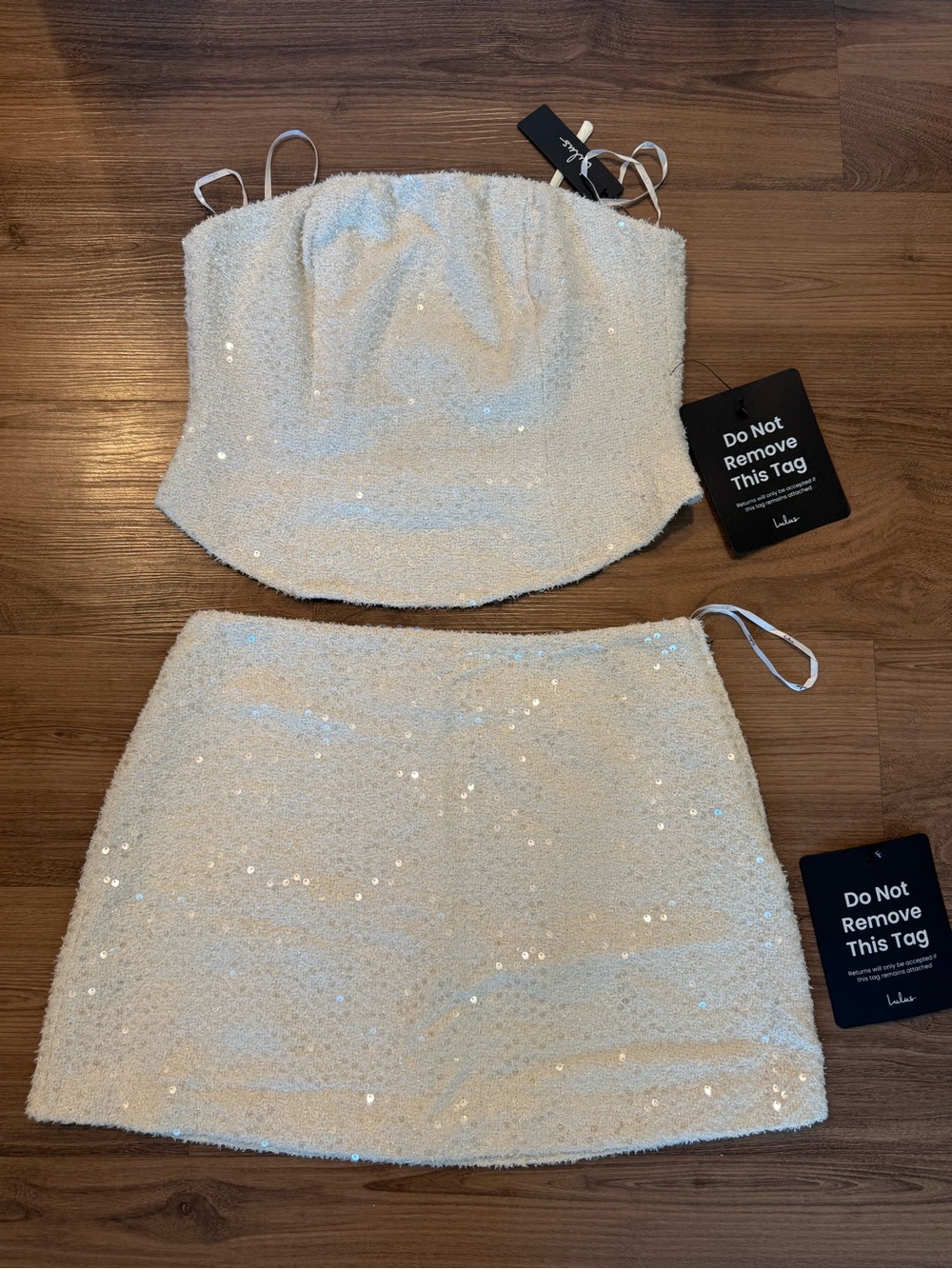 Lulu's Cream Sequin Mini Skirt and Strapless Corset Top Set